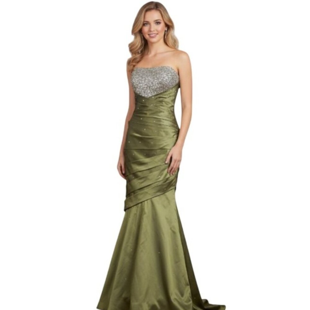 MoriLee Strapless Jewel Pleated Green Mermaid Gown 10 Formal Prom Pageant